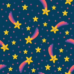 seamless pattern repeating cartoon shooting stars in outer space, suitable for children's design needs, cloth, wrapping paper, textile, cloth, digital and others