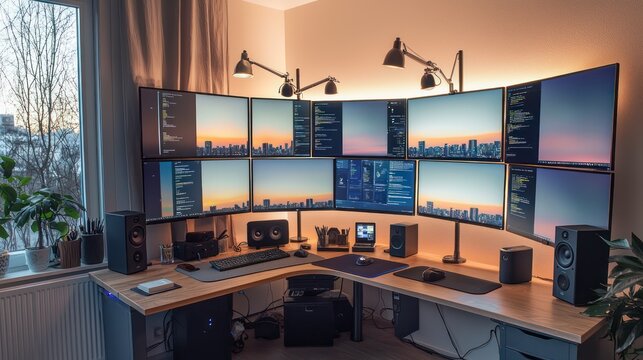 Home office with a tech setup featuring multiple screens, smart speakers, and automated lighting control Modern and functional