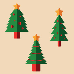 A set of three stylized Christmas trees of green colors with simple geometric shapes and decorative elements. Each tree is decorated with a different design, perfect for holiday design.