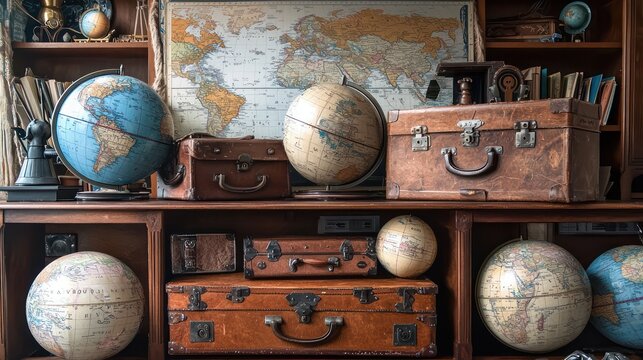 Home office with a travel theme, featuring a collection of globes, vintage suitcases as storage, and maps as wallpaper Adventurous and worldly