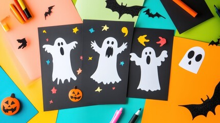 Naklejka premium Spooky Handmade Halloween Cards Surrounded by Colorful Markers and Craft Paper