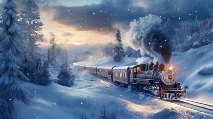 Polar express train traveling through a winter wonderland