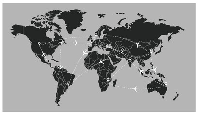 flight line paths going across blue world map, flying white airplanes routes vector illustration