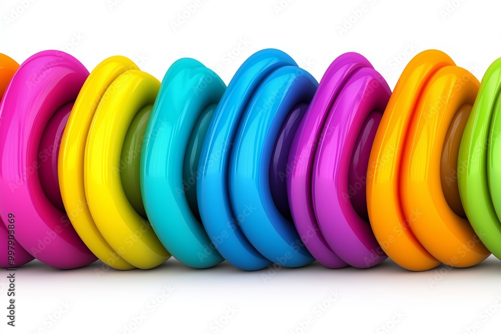 Poster row of colorful balls are lined up. the balls are in a rainbow order. 3d inflated colorful effect fr