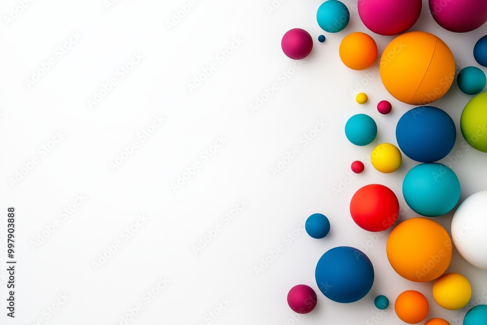 Poster White background with a colorful border of balls. The balls are of different colors and sizes. 3d inflated colorful effect frame against white background.