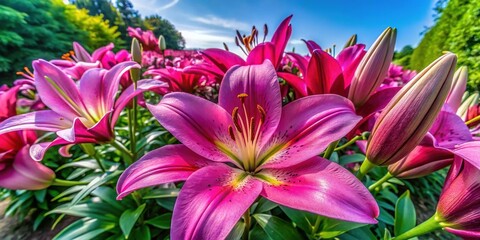 Fototapeta premium Elegant Pink and Purple Lily Blossoms in Full Bloom Against a Soft Green Background