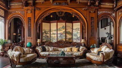 Obraz premium A luxurious Chinese living room featuring a grand wooden archway