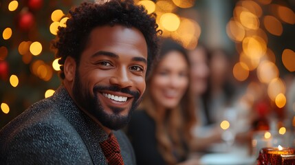 Fototapeta premium Office workers enjoying holiday music and Christmas decorations during a party