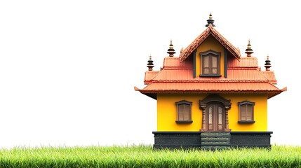Fototapeta premium A Miniature Yellow Temple with Orange Roof in a Green Meadow