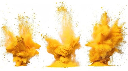 Fototapeta premium Vibrant Yellow Powder Explosions Isolated on White Background