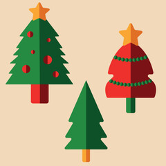 A set of three stylized Christmas trees with simple geometric shapes and decorative elements. Each tree features a different design, perfect for a holiday design.