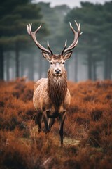 Obraz premium Majestic Red Deer Stag in Misty Forest at Sunrise