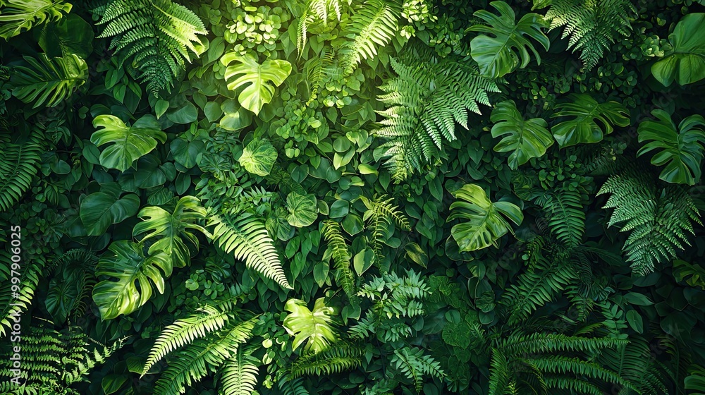 Poster Lush Green Foliage Wall with Various Leaf Shapes