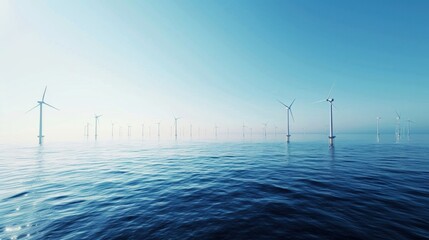Offshore Wind Farm Panorama Under Blue Sky