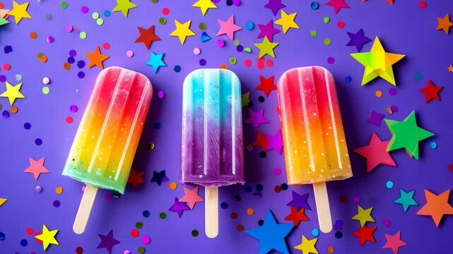 Three colorful popsicles lay on a purple surface surrounded by colorful confetti and star-shaped cutouts