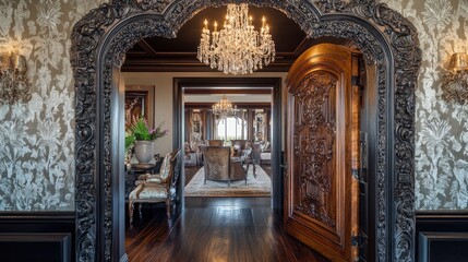 A luxurious entryway with an opulent crystal chandelier
