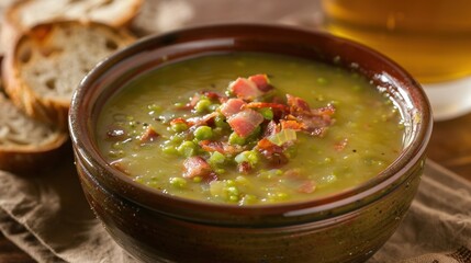 Hearty Pea Soup with Bacon in Rustic Bowl with Bread on the Side