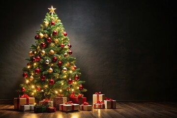 festive Christmas tree and gifts on dark background