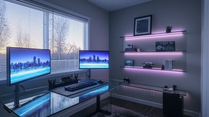 Ultra-modern home office with a glass desk, dual monitors, and RGB lighting under floating shelves Cool toned