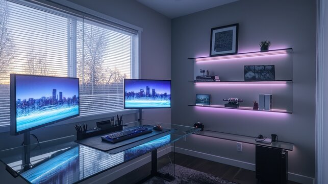Ultra-modern home office with a glass desk, dual monitors, and RGB lighting under floating shelves Cool toned