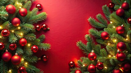 Festive Christmas trees with red ornaments and bright lights on a red background
