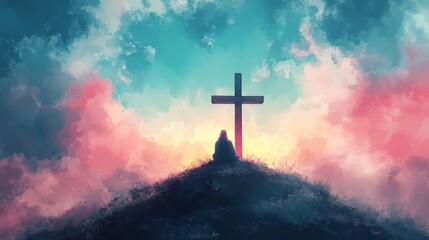 Fototapeta premium A lone figure kneels before a wooden cross, bathed in the glow of a heavenly sunrise. .
