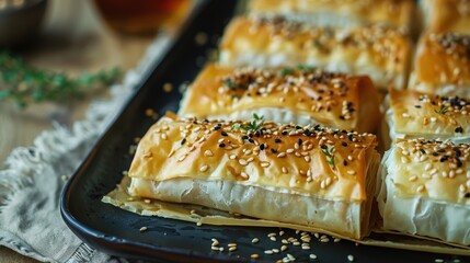 Gourmet Fresh Spring Rolls with Sesame Seeds on Wooden Table