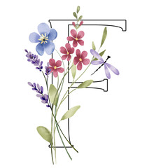 Monogram F, floral letter with watercolor flowers and leaves. Letterhead, initial perfectly for logo, wedding invitation, greeting card, poster .Digital design hand drawing.