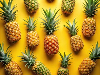 Fresh and Juicy Pineapples on a Vibrant Yellow Background for Summer and Tropical Themes