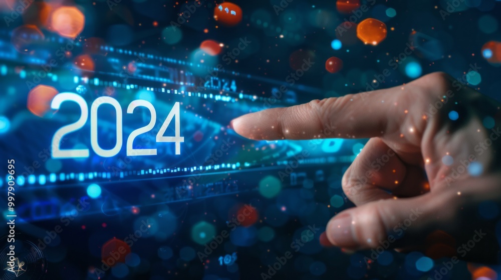 Poster a hand pointing at the year 2024 on a computer screen