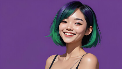 A young asian woman with dyed mint green and blonde hair, wearing a white tank top, smiling at the camera against a blurred purple background