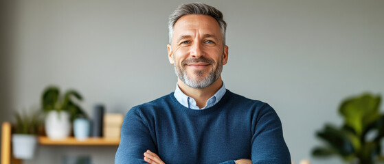 Obraz premium Confident Mid-Aged Business Executive in Office, Smiling Professional Manager Exuding Leadership and Experience