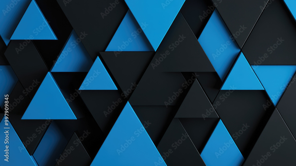Poster geometric harmony, an abstract composition featuring interlocking blue and black triangles, creating