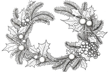 Hand drawn of Christmas wreath on a white background. Coloring book for kids and adults. Antistress coloring page, print, emblem,logo or tattoo,design, decor, T-shirt.