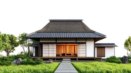 Obraz premium Traditional Japanese House with a Thatched Roof and Garden