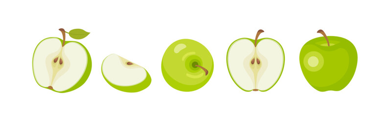 Green apple set. Fresh apple fruits whole, half and slice. Vector cartoon flat illustration. Fruits icon. 