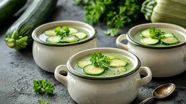 Three bowls of zucchini soup, garnished with parsley, are ready to be enjoyed