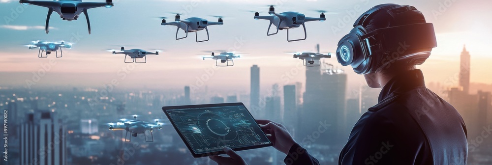 Leinwandbilder the drone pilot skillfully manages a fleet of sleek drones using a touchpad in a futuristic control 