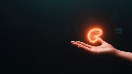 Glowing Digital Hand of AI, an abstract portrayal of artificial intelligence with a luminous hand encircled by swirling codes and algorithms
