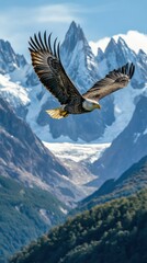 A majestic bald eagle soaring high above a rugged mountain range, with snow-capped peaks and a crystal-clear blue sky in the background.