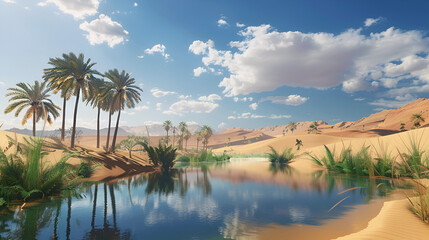 A tranquil desert oasis surrounded by towering sand dunes, Incredible oases hidden among the endless sands, Generative Ai