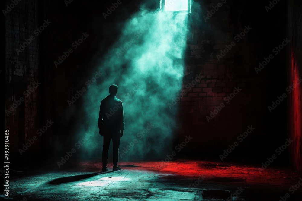 Poster In a dimly lit room, a shadowy figure faces a beam of light, creating an atmosphere charged with fear and deep suspense. Generative AI