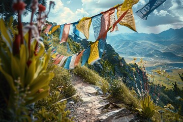 Mountain trail with prayer flags and panoramic view
