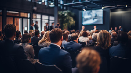 Obraz premium businessmen and businesswomen in conference room, listening to the speakers which is on stage attentively 