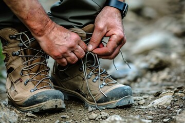 Tying hiking boot on rugged trail for safe trek