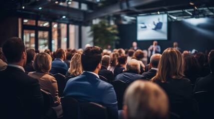 Fototapeta premium businessmen and businesswomen in conference room, listening to the speakers which is on stage attentively 