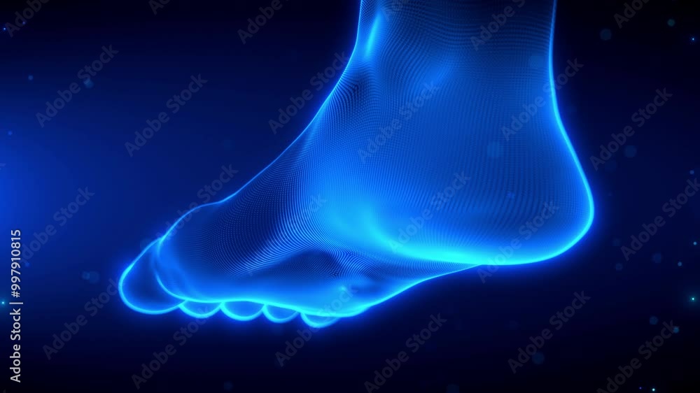 Poster a high-tech 3d animation of a human foot being scanned with glowing blue lines and particles rotatin