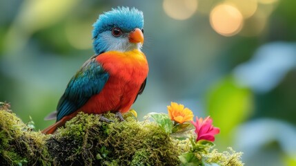 Fototapeta premium Vibrant Tropical Bird on a Mossy Branch with Flowers