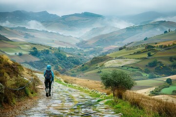 Obraz premium Solo hiker explores misty mountainous landscape on trail