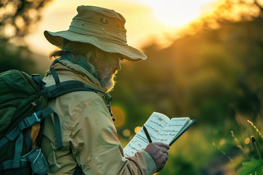 Man in hat reading map on sunny nature trail